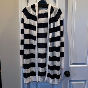 LOFT Women’s Lightweight Long Open hooded Cardigan in ivory and navy stripes